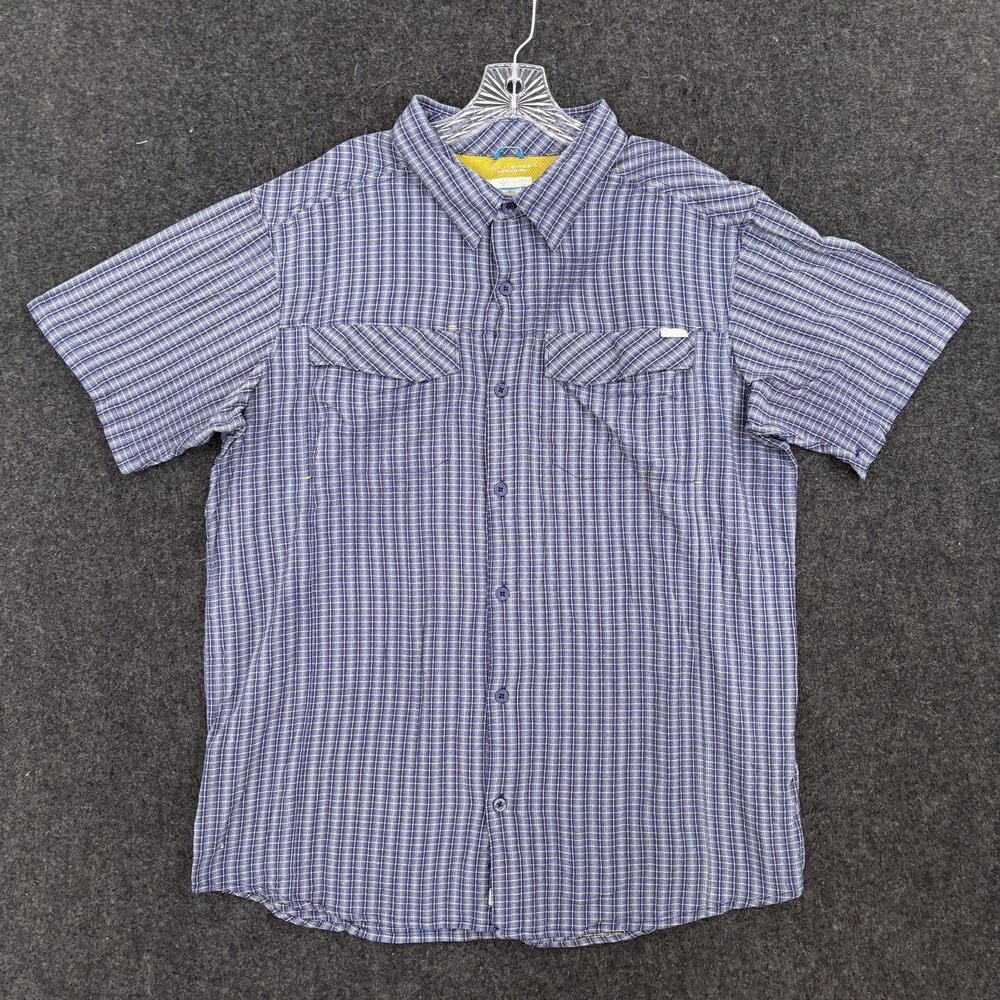 Columbia Shirt Men's XXL Blue Plaid Omni-Shade Vented Fishing Pockets Outdoor
